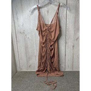 Womens Tan Sheer Beach Dress Ruched Gathered Front Tie Pool Resort Cruise Summer